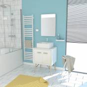 Aurlane - meuble salle de bain scandinave blanc 60 cm sur pieds avec portes, vasque a poser et miroir led