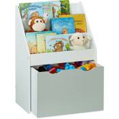 Bibliothèque pour enfants, HxLxP : 70x50,5x28 cm, avec coffre à jouets, 3 compartiments, mdf, gris/blanc - Relaxdays