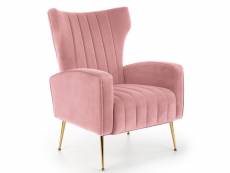 Fauteuil lounge en velours rose avec accoudoirs et pieds dorés en métal aenor 429