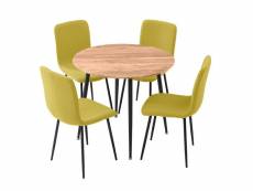 Hanoi - ensemble table ronde 110 effet bois + 4 chaises jaunes