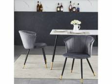 Lot de 2 chaises de salle à manger rétro fauteuil assise rembourrée en velours pieds en métal noir et or pour cuisine salon chambre bureau, gris