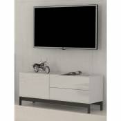 Meuble tv de salon, Made in Italy, Meuble tv de salon surélevé, 1 porte et tiroirs, 110x40h47 cm, coloris blanc brillant - Dmora