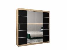 Armoire de chambre ventila 4 sonoma/noir 200 avec 2 portes coulissantes et miroir penderie (tringle) avec étagères sans tiroirs