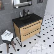 Aurlane - Meuble de salle de bain 80x50cm chêne brun - 2 tiroirs chêne brun- vasque résine noire effet pierre