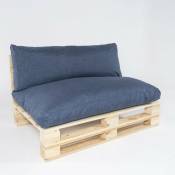Canapé palette avec coussins, en pin neuf, Polyester 250 gr, Couleur Bleu Oléfine, 120x80x70