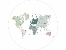 Papier peint panoramique rond adhésif carte du monde pour enfants vert menthe, gris et rose - 159010 - ø 140 cm 159010