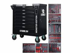 Servante d'atelier bm tools 9-7 monster-edition-black 7 tiroirs pleins, 1 porte & 1 tiroir vertical - 257 outils - sur roulettes