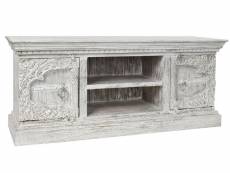 Buffet meuble de rangement en bois de manguier et métal coloris blanc vintage - longueur 160 x hauteur 65 x profondeur 40 cm