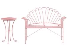 Ensemble de jardin banc et petite table en métal rose