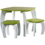 Ensemble de table et 2 tabourets pour enfant en bois coloris vert, blanc
