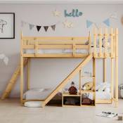 Lit superposé enfant avec escalier, clôture, toboggan et rangement, couleur bûche, 90x200cm