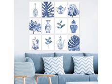Lot de 12 tableaux aranea l20xh15cm motif céramique, poterie blanc et bleu