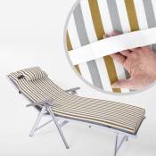 Matelas bain de soleil avec oreiller 180 x 55 x 8 cm- marron raye blanc - Coussin Bain de Soleil - Polyester -pour jardin/plage