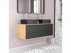 Meuble de salle de bains 120 cm - 2 vasques carrées - chêne naturel et noir mat - uby