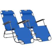 Outsunny Lot de 2 Chaises Longue inclinable transat Bain de Soleil fauteuil relax jardin 2 en 1 Pliant têtière Amovible