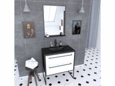 Pack meuble de salle de bain 80x50cm - 2 tiroirs blanc - vasque résine noire effet pierre - miroir