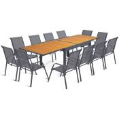 Salon de jardin poly extensible table 135-270 cm et 12 chaises bois et gris foncé - Gris