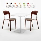 Table carrée 60x60 blanche et 2 chaises colorées