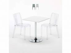 Table carrée blanche 70x70cm avec 2 chaises colorées et transparentes set intérieur bar café dune titanium