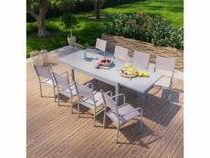 Table de jardin extensible en aluminium 270cm + 8 fauteuils empilables textilène gris taupe - milo 8