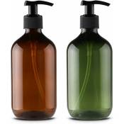 2 flacons vides rechargeables en plastique pour lotion de 500 ml, shampooing, crème douche, gel douche, distributeur de liquide (marron et vert) Fei