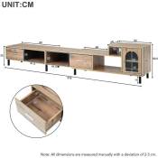 Armoire tv extensible aspect bois - 4 compartiments, 2 tiroirs, porte vitrée, Longueur variable 200cm-278cm l&h