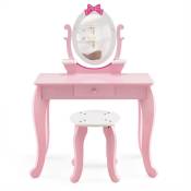 Helloshop26 - Coiffeuse enfant miroir rotatif à 360° tabouret 1 tiroir et 2 etagères de rangement rose pour fille 3 - 7 ans - Rose