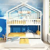 Lit cabane, lit d'enfant, lit de jeune, 90x200cm, trois lits, extensible, design peu encombrant, blanc