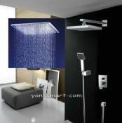 Luxe carrée 3 couleurs LED tête de douche Support mural pluie double robinet de douche salle de bain, chrome ys-7572