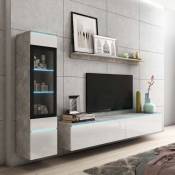 Mobilier Deco - MILENA - Meuble TV contemporain gris béton et blanc laqué avec LED