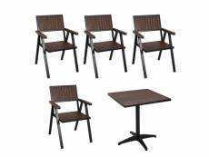 Set de 4 chaises de jardin + table de jardin hwc-j95, chaise table, revêtement gastro outdoor, alu aspect bois ~ noir, marron foncé