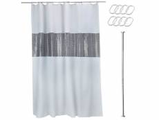Barre de douche à tension sans percage avec rideau de douche 180x200cm tissu imperméable blanc avec crochets - lot 2 articles CS020