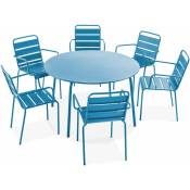 Ensemble table de jardin ronde et 6 fauteuils acier bleu pacific - Palavas - Bleu Pacific