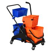 HOMCOM Chariot de lavage chariot de nettoyage professionnel presse à mâchoire 2 seaux + rangement orange bleu Aosom France