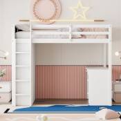 Lit mezzanine 90x200 cm - avec meubles de rangement et un bureau - en bois massif - Blanc