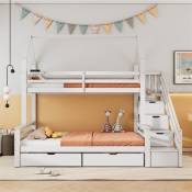 Lit superposé 90x200cm+140x200cm, lit cabane enfant avec tiroirs et étagère de rangement, antichute, pin + mdf, blanc