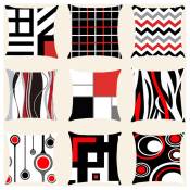 Lot de 9 housses de coussin décoratives géométriques 45,7 x 45,7 cm géométrique moderne gris noir et rouge décor à rayures irrégulières avec