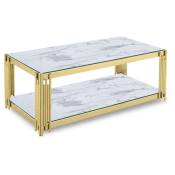Mobilier Deco - lexie - Table basse rectangle en verre effet marbre blanc et pieds en métal doré - Blanc