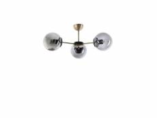 Plafonnier 3 globes support y bulla d55cm métal or antique et noir et verre gris fumé