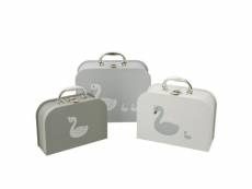 Set de 3 valise cygne papier blanc-gris - l 23 x l 10 x h 19 cm