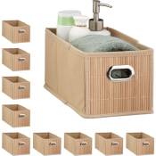 10x Paniers de rangement bambou, corbeille salle de bain, carré, panière, boîte étroite, 14x15x31 cm, pliant, nature