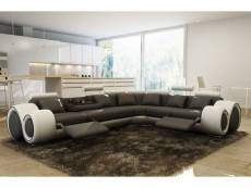 Canapé d'angle cuir gris et blanc + positions relax