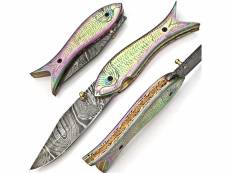 Couteau de poche pliant avec lame de 8 cm en acier damas gris poisson