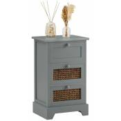 Idimex - Chiffonnier roshni 3 tiroirs, petit meuble de rangement design vintage élégant, commode en bois lasuré gris et rotin - Gris