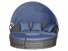 Lit canapé de jardin modulable grand confort pare-soleil pliable 5 coussins 3 oreillers 180l x 175l x 147h cm résine tressée grise polyester bleu