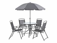 Salon de jardin de 4 places avec parasol meubles extérieurs solides résistants aux intempéries protection uv spf 30 aluminium polyester verre noir gri