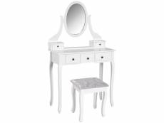 Coiffeuse et tabouret style baroque 5 tiroirs miroir ovale pivotant 360° mdf bois blanc