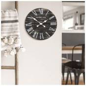 Horloge murale vintage mouvement d'horlogerie silencieuse, bois campagne shabby chic 45cm noir - noir