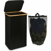 Linghhang - Panier à linge de 110 litres avec pochette en filet et couvercle (noir), poignée en bambou, panier à linge pliable xxl - black