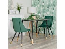 Lot de 2 chaises de salle à manger rétro fauteuil assise rembourrée en velours pieds en métal noir et or pour cuisine salon chambre bureau, vert